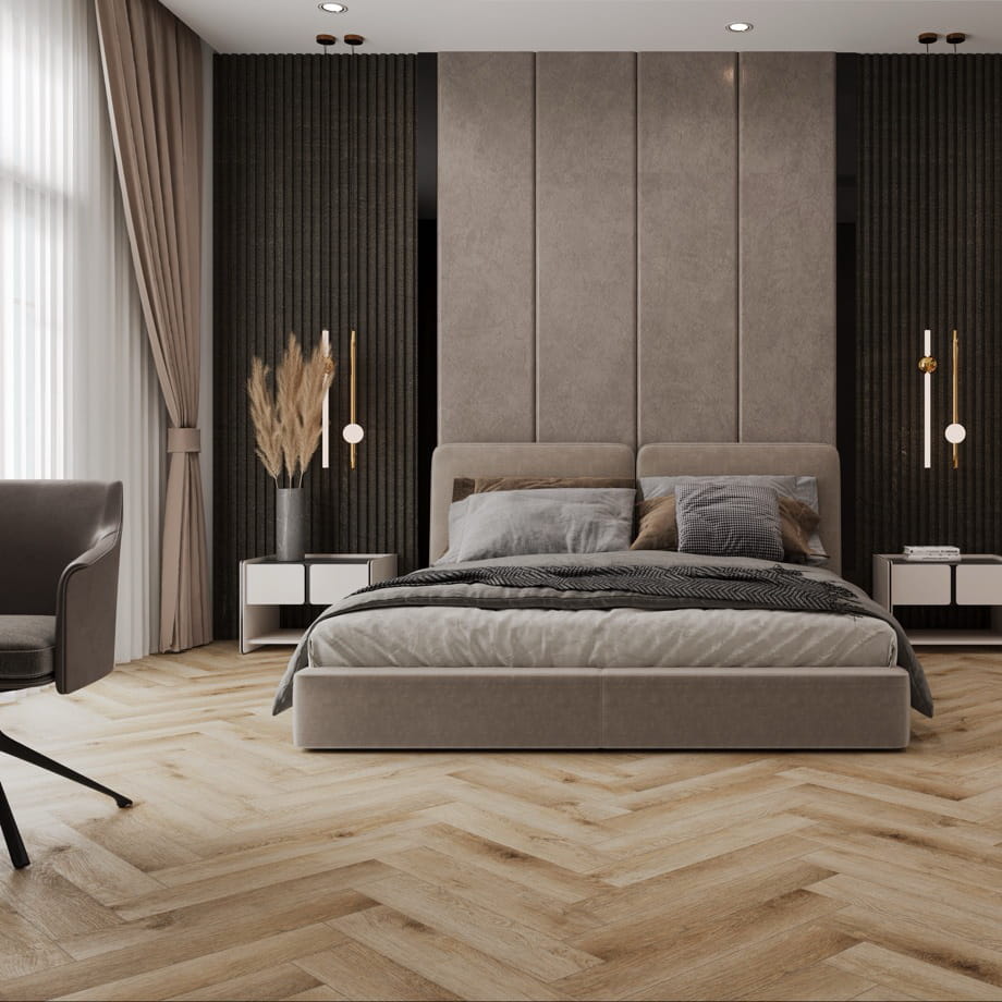 Кварцвинил CronaFloor H004 Дуб Монпелье Herringbone в интерьере